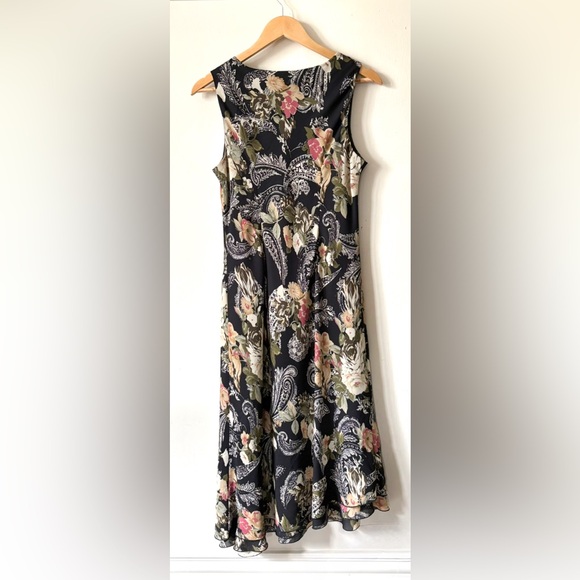 Vintage 90s Made in Canada Black Asymmetrical Ruffle Hem Paisley Floral Dress‎ - Picture 10 of 11